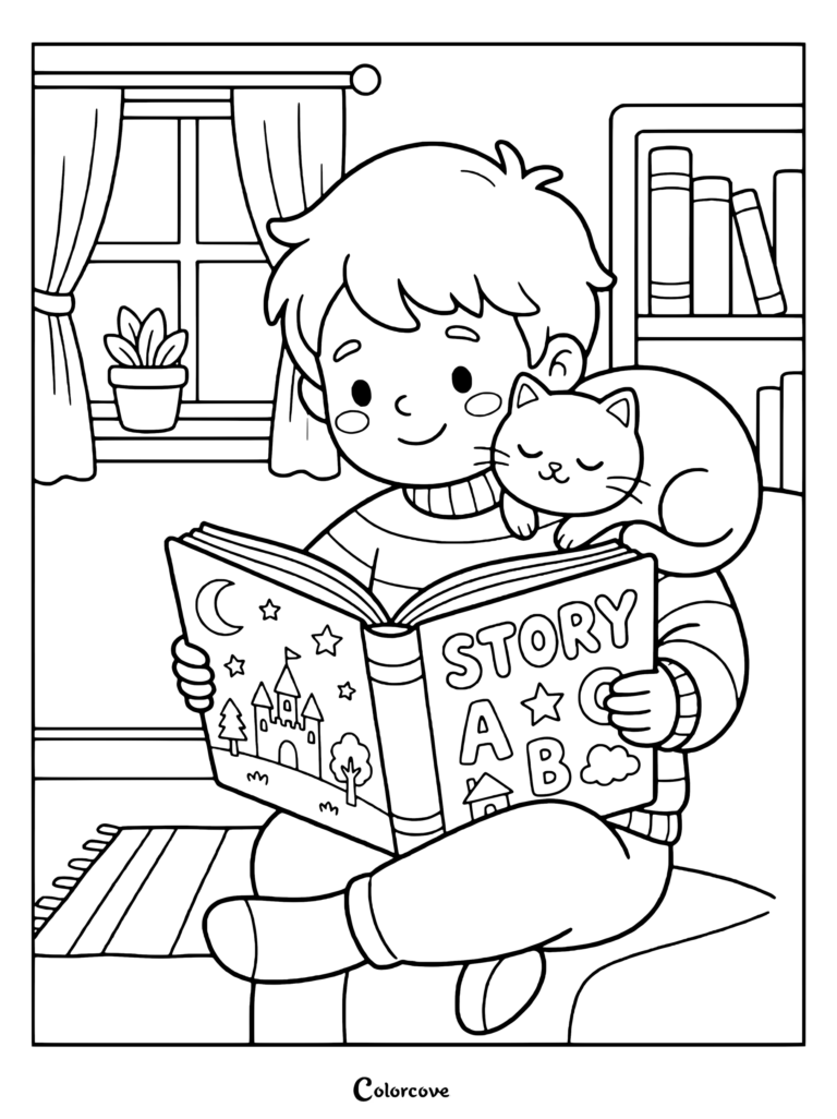 A printable Cartoon Cat coloring page featuring a boy reading a storybook with his pet cat.