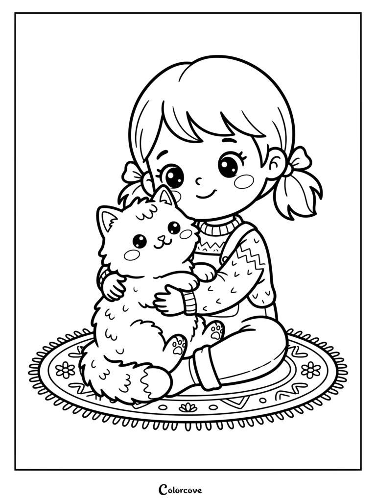 Girl hugging a fluffy Cartoon Cat sitting on a round patterned rug in a coloring page