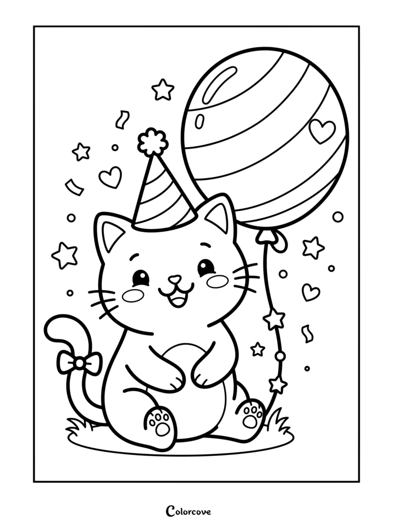 Cartoon Cat wearing a party hat and holding a striped balloon coloring page