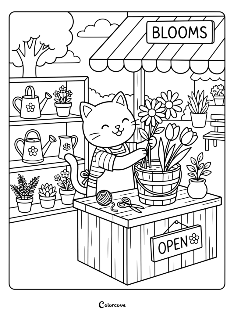 Cartoon Cat arranging flowers at a shop counter coloring page