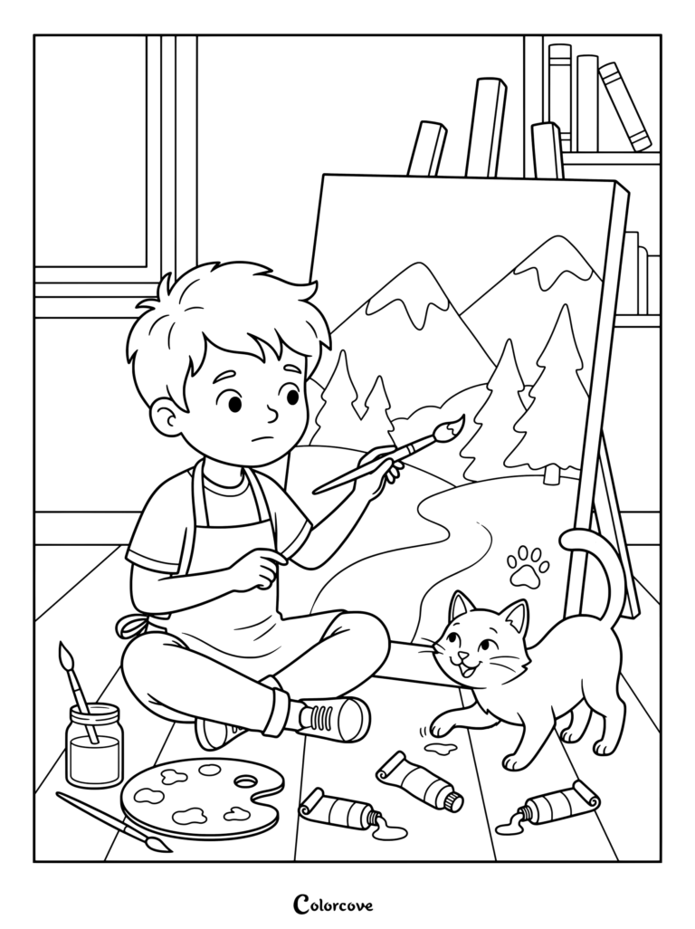 Printable coloring page of a boy painting a landscape on an easel while a cheerful Cartoon Cat paws at spilled paint on the floor.