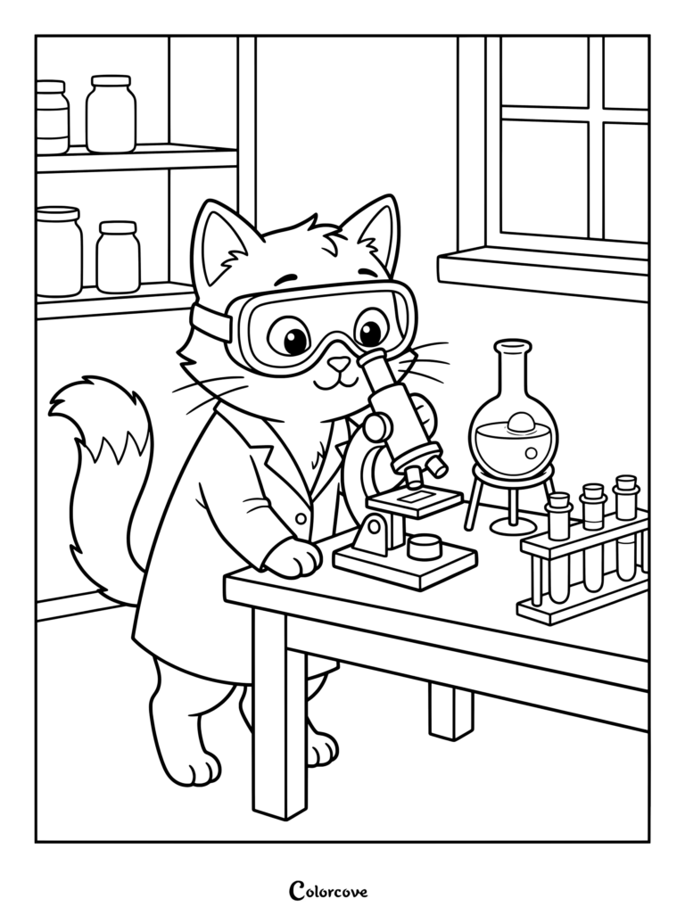 Cartoon Cat working as a scientist with a microscope and lab equipment in a coloring page.