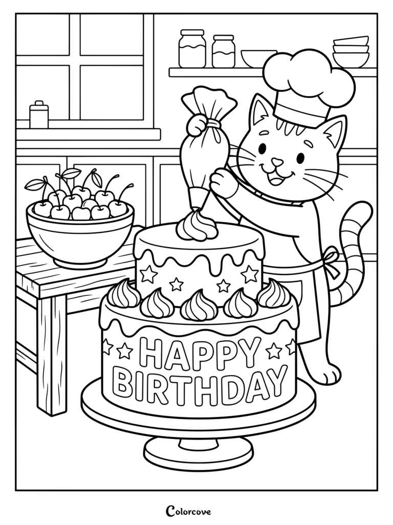 Cartoon Cat coloring page featuring a baker decorating a two-tier birthday cake with icing in a kitchen.