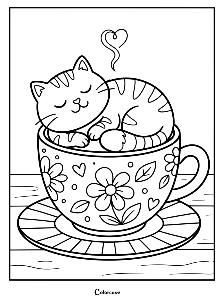 A sweet Cartoon Cat sleeping peacefully inside a floral teacup for coloring page