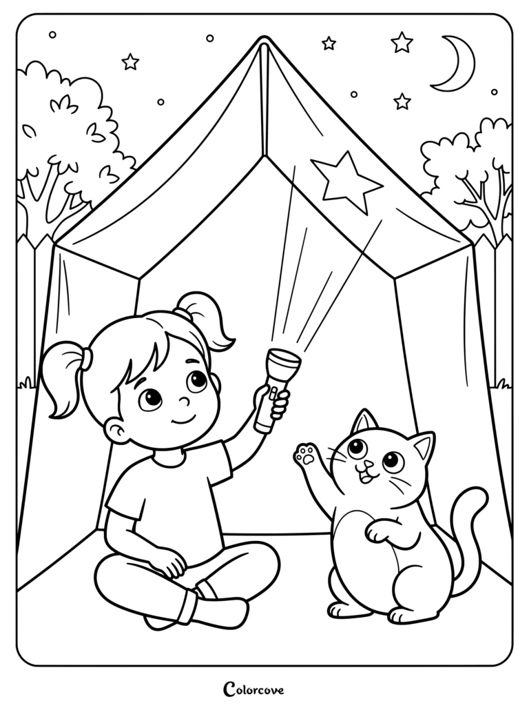 Girl holding a flashlight with her Cartoon Cat in a tent during a starry night in this printable coloring page