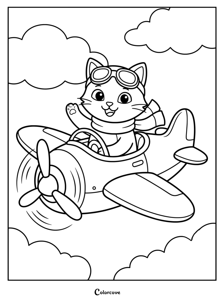 Cartoon Cat wearing pilot goggles and scarf while flying an airplane through clouds in this coloring page.
