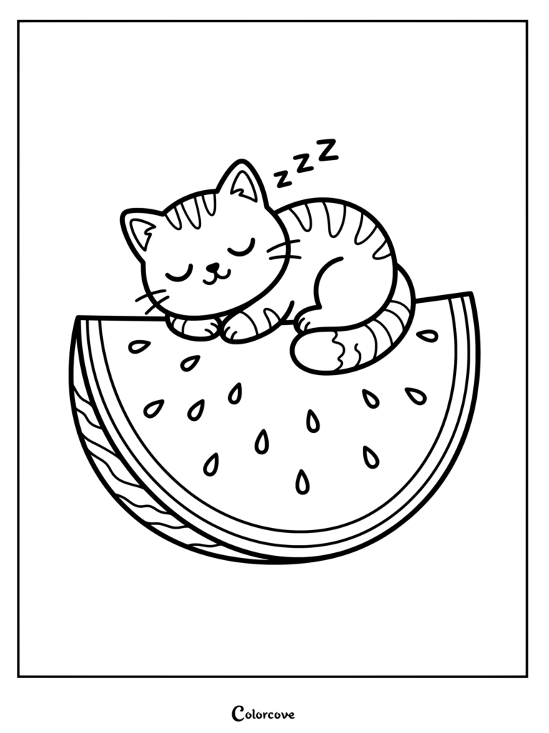 Cartoon Cat sleeping peacefully on top of a watermelon slice coloring page