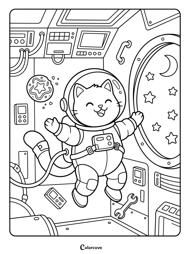 Cartoon Cat floating in a spaceship cabin looking out the window, coloring page