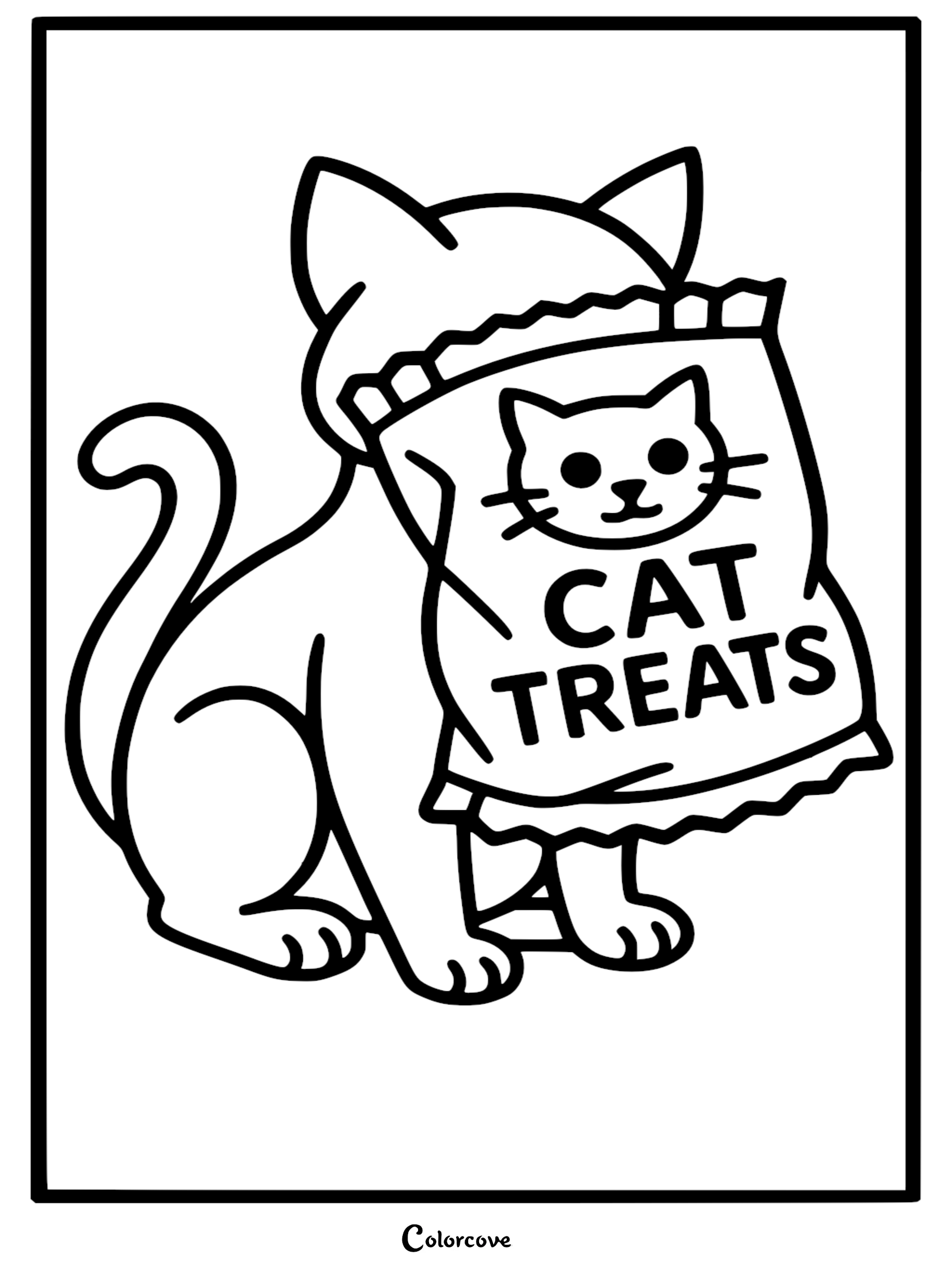 Download and print this adorable cartoon cat with a bag of treats coloring page for a fun and simple indoor activity. Perfect for young artists and cat lovers, this free sheet is ready to be filled with color!