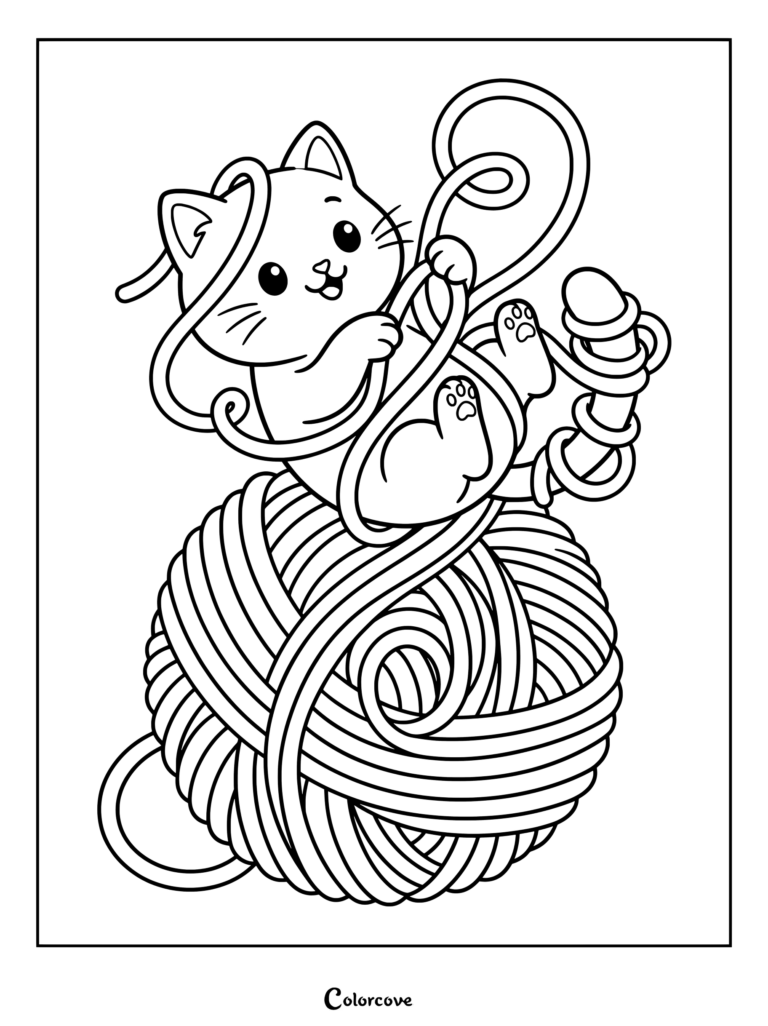 Cartoon Cat tangled in a large ball of yarn coloring page