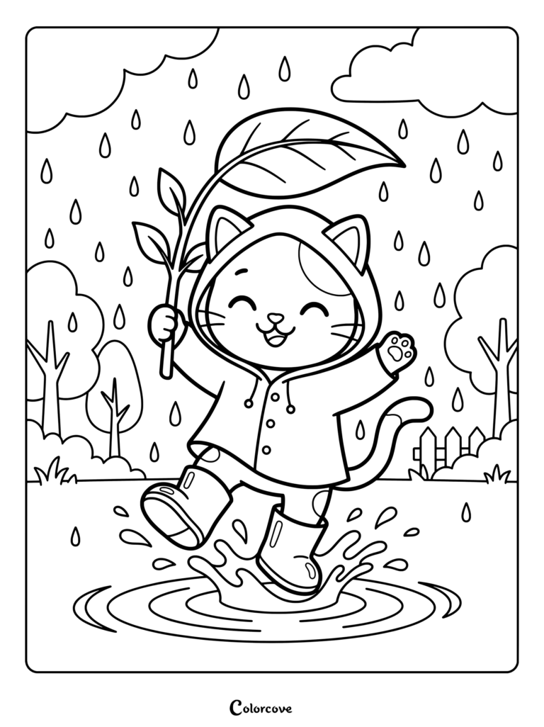 Cartoon Cat splashing in a puddle wearing a raincoat and boots while holding a leaf umbrella in the rain coloring page