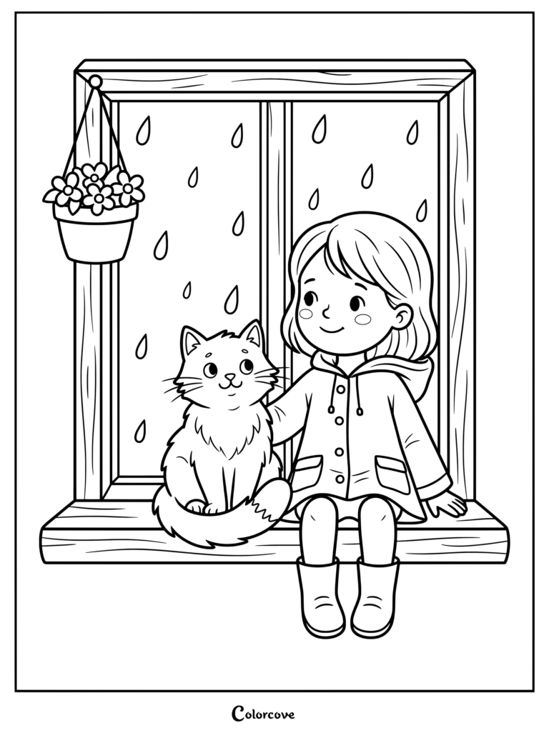 Girl in a raincoat and a Cartoon Cat sitting together on a windowsill while it rains outside, coloring page
