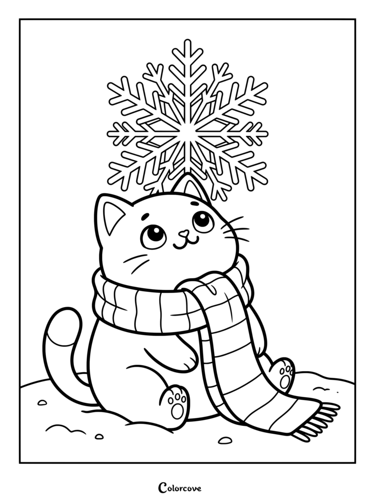 Printable Cartoon Cat coloring page featuring a cute kitten wearing a warm striped scarf while gazing up at a giant snowflake.