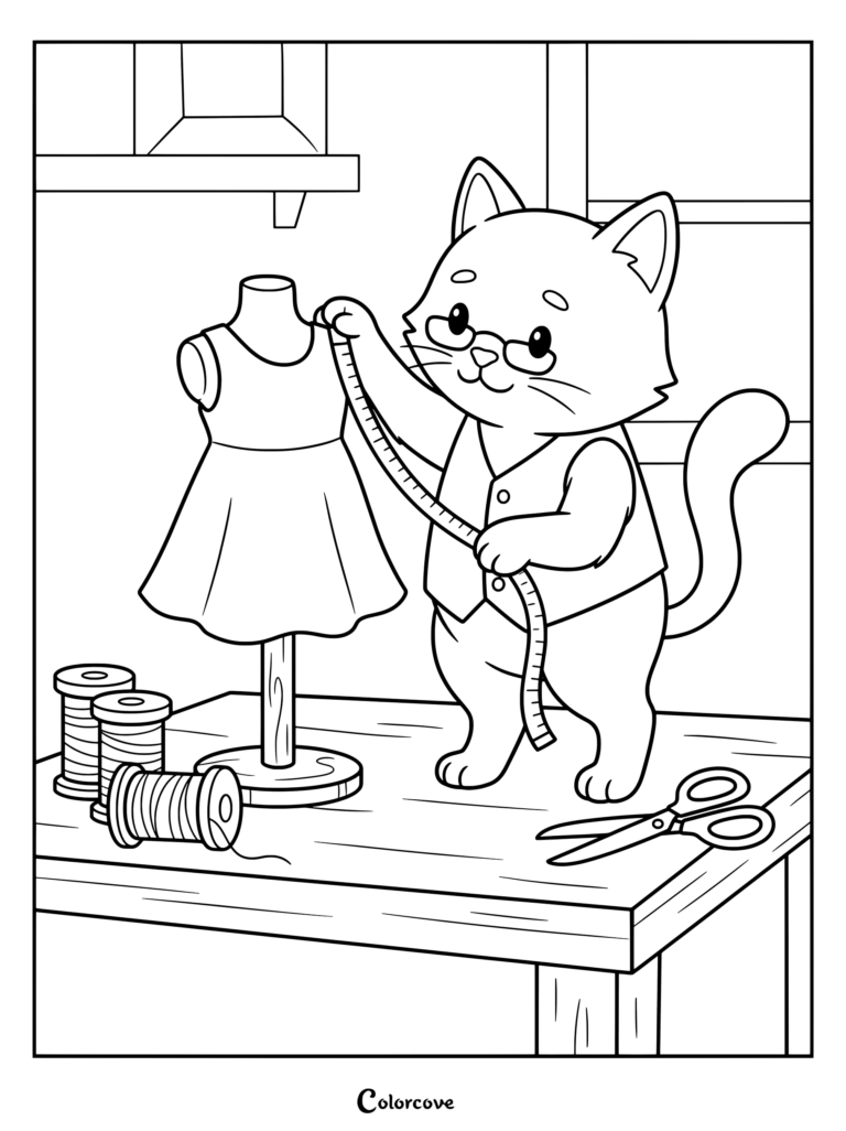 Cartoon Cat tailoring a dress with a measuring tape coloring page