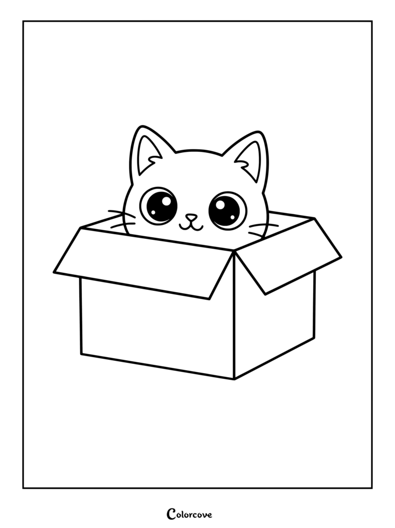 A cute Cartoon Cat hiding inside a cardboard box for a coloring page.