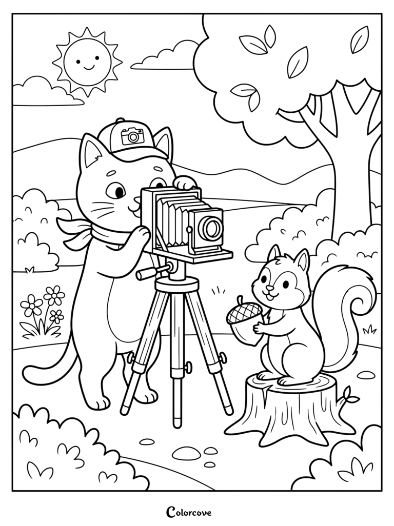 Cartoon Cat using a tripod camera to photograph a squirrel holding an acorn coloring page