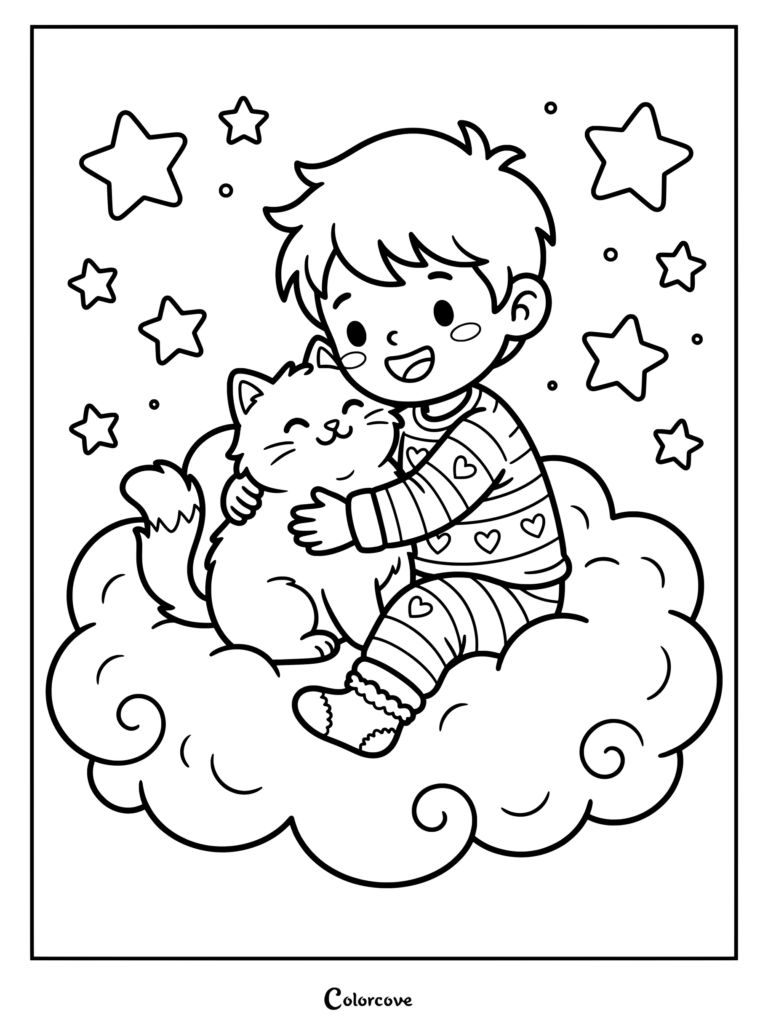 Printable Cartoon Cat coloring page featuring a boy hugging a fluffy cat on a star-filled cloud.