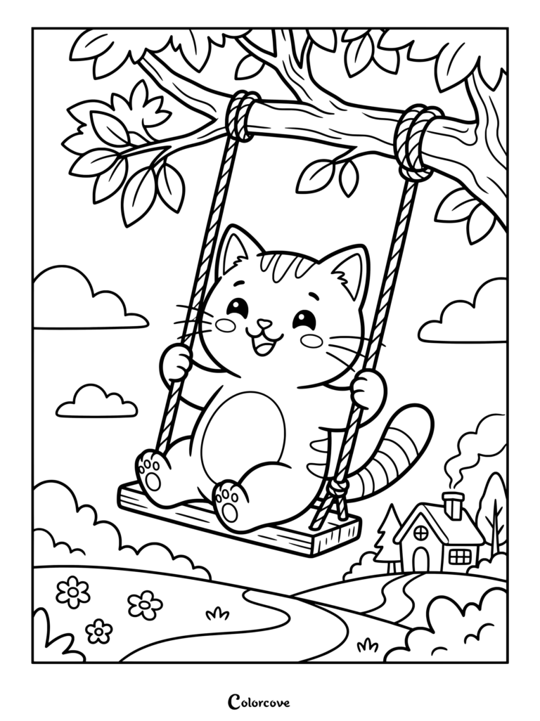Cartoon Cat swinging from a tree branch in a sunny meadow coloring page