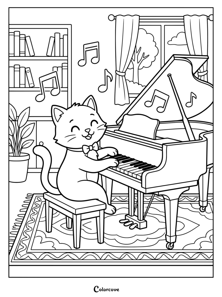 Cartoon Cat playing a grand piano in a cozy room coloring page