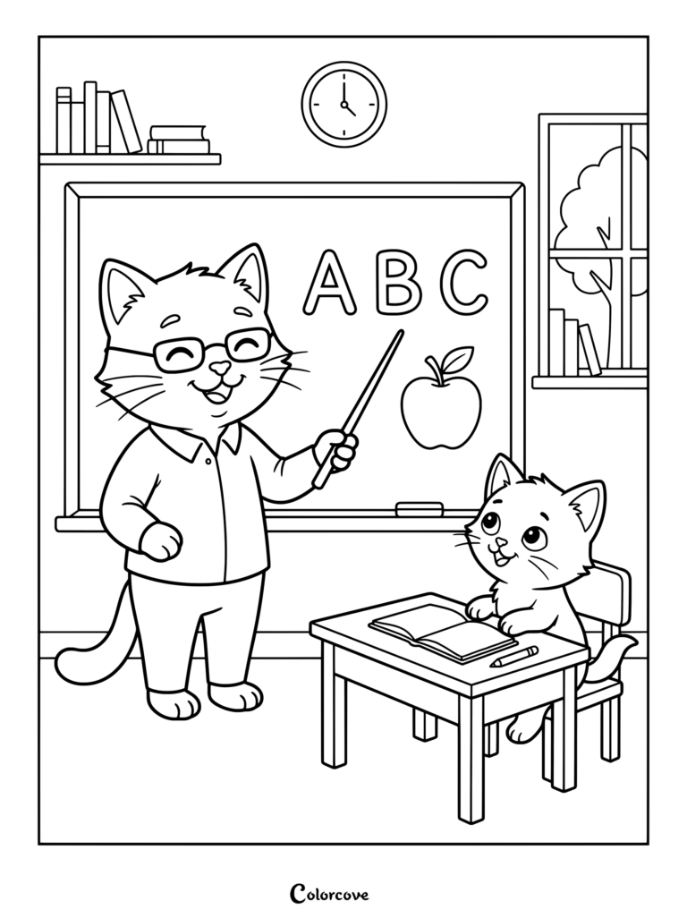 Cartoon cat teacher pointing at an ABC blackboard in a classroom coloring page.