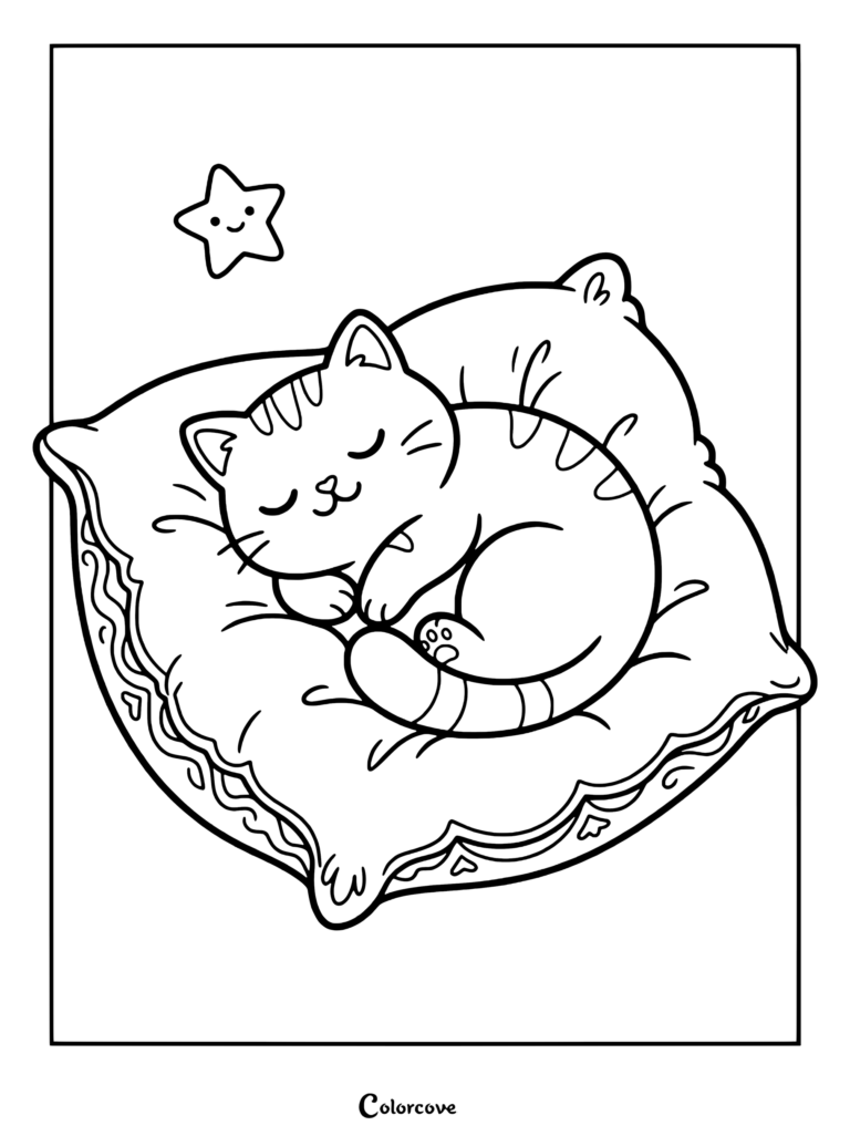 Cartoon Cat sleeping peacefully on a fluffy pillow next to a smiling star coloring page