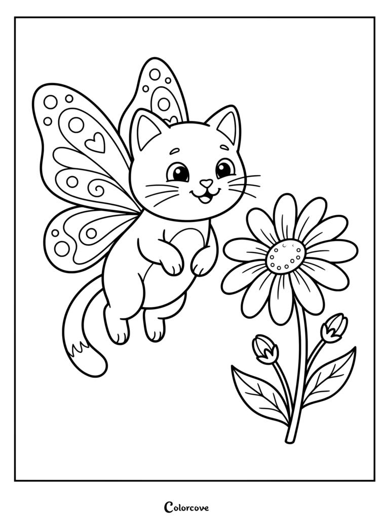 Printable Cartoon Cat coloring page featuring a flying cat with butterfly wings near a daisy flower.