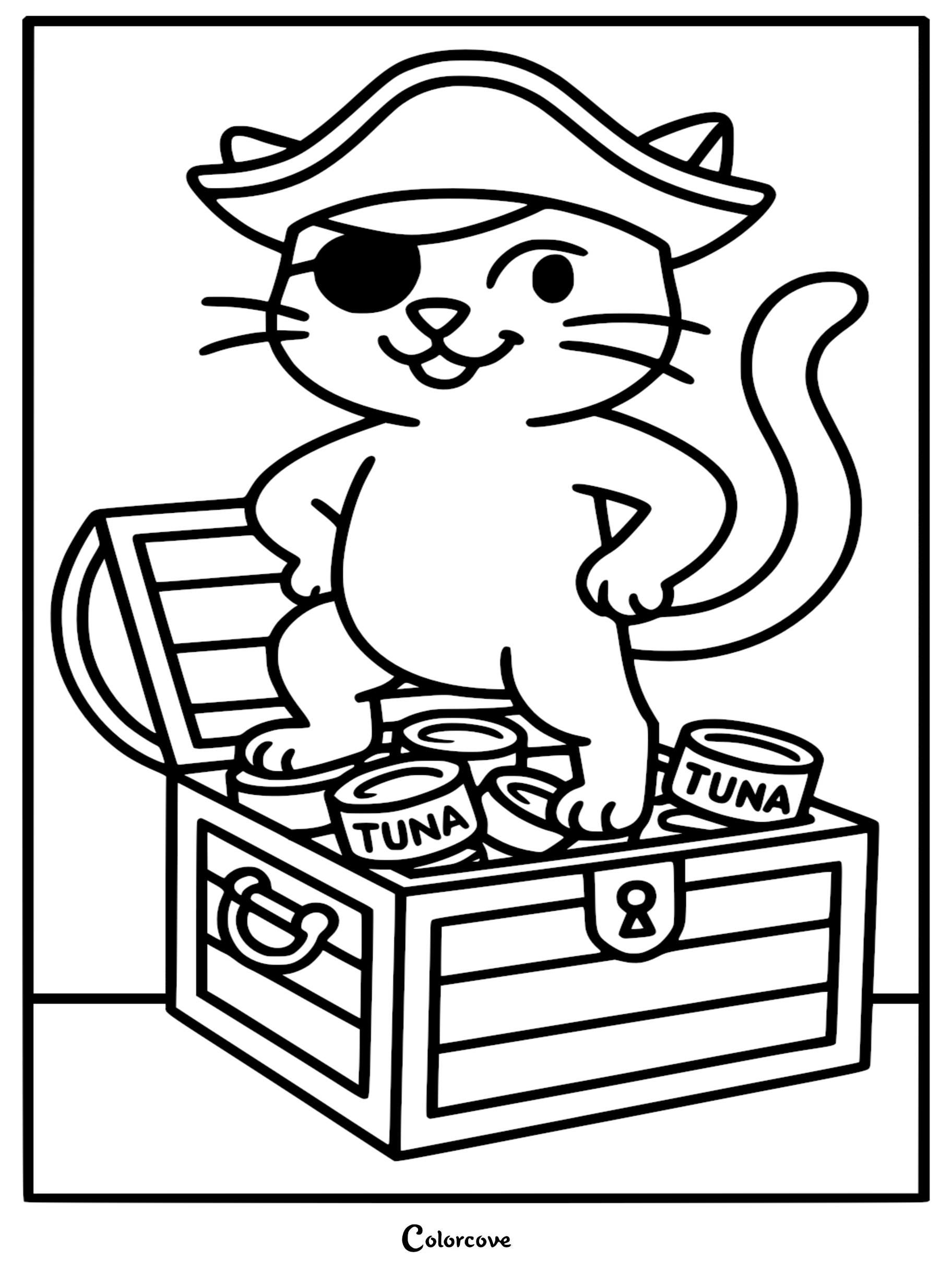 Set sail for adventure with this adorable pirate cartoon cat coloring page featuring a brave kitty guarding a treasure chest of tuna! This free printable is perfect for kids who love cats, pirates, and creative coloring fun.