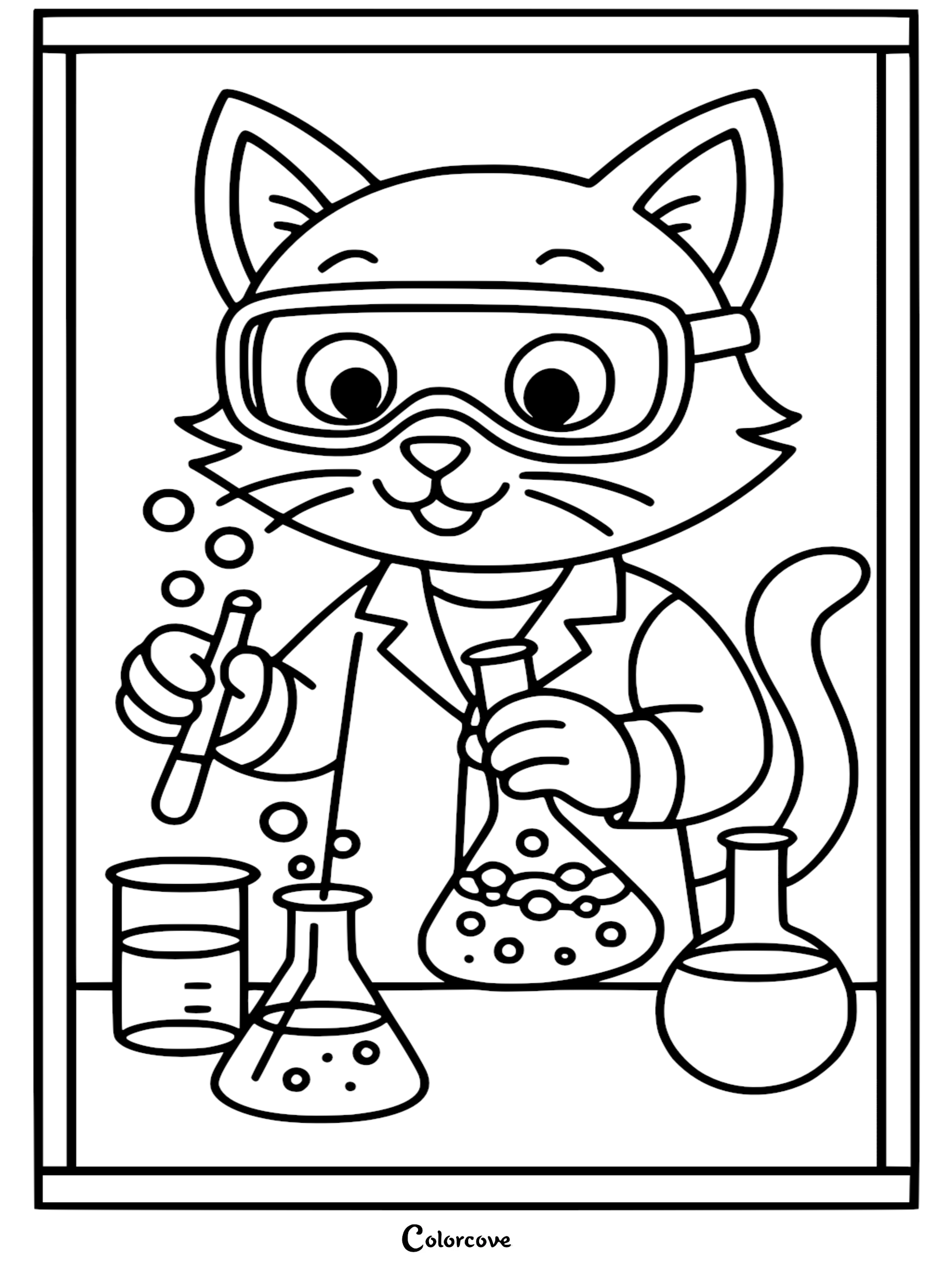 Inspire a love for STEM with this adorable cartoon cat scientist coloring page, perfect for kids who enjoy science and cute animals. Download and print this free laboratory-themed coloring sheet for hours of educational fun.