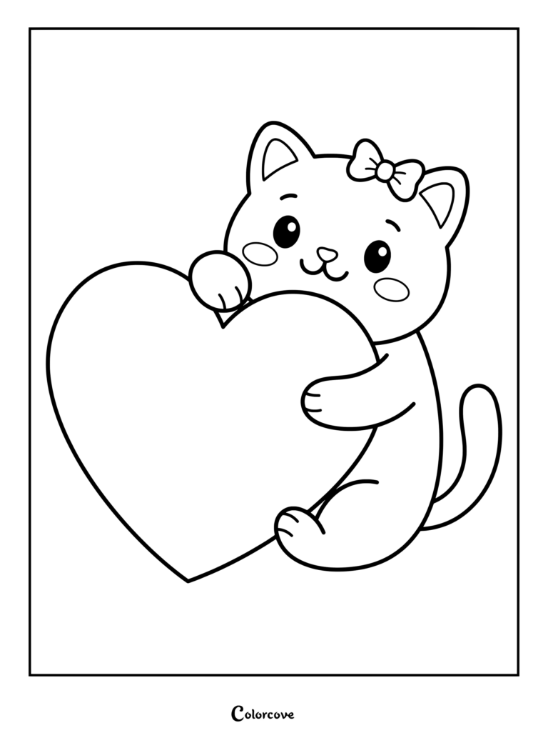 Cute Cartoon Cat holding a large heart coloring page for kids