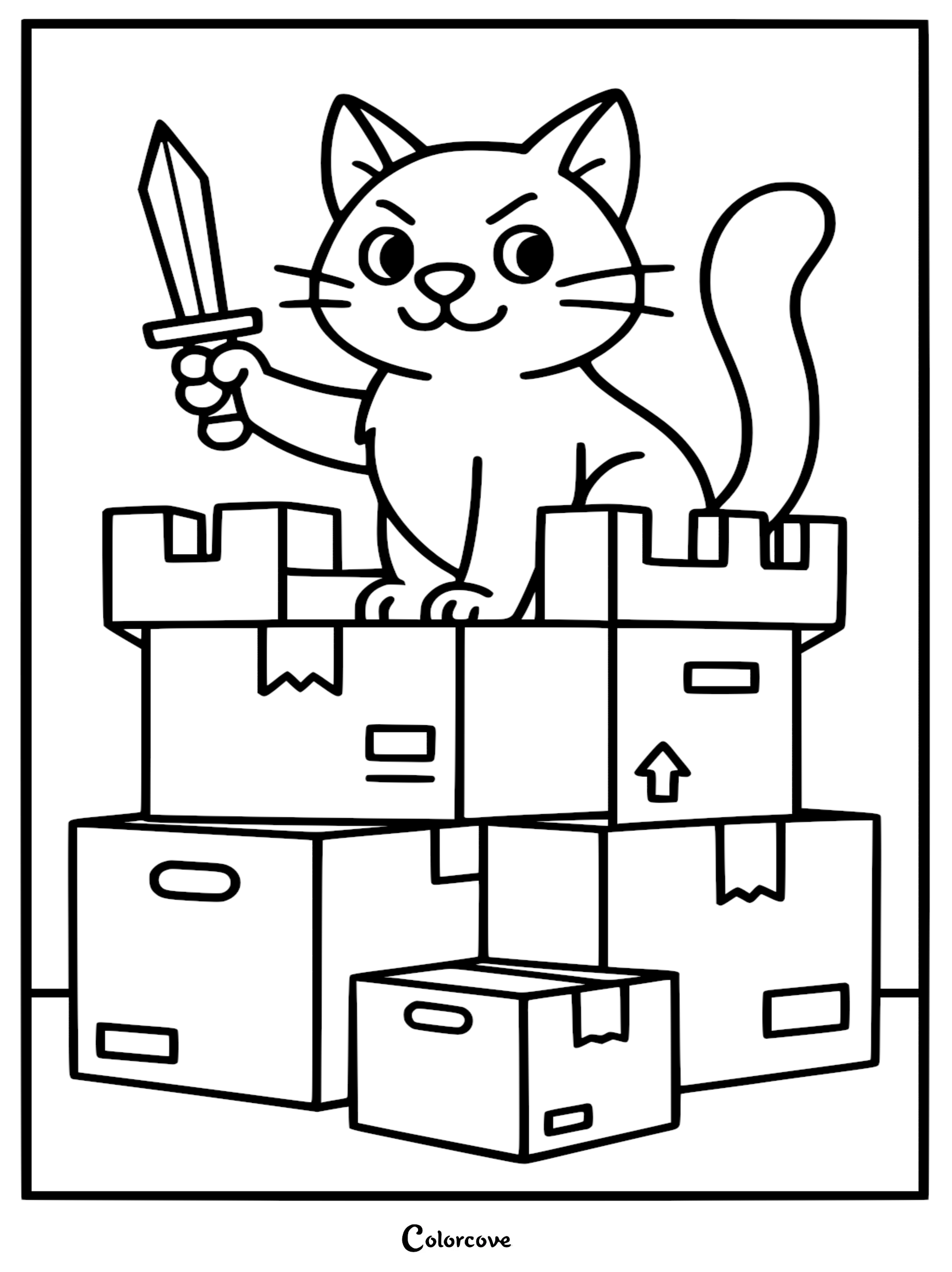 Unleash your child's imagination with this fun cartoon cat coloring page featuring a brave kitty guarding its cardboard box castle. This free printable is perfect for young adventurers who love cats and creative play.