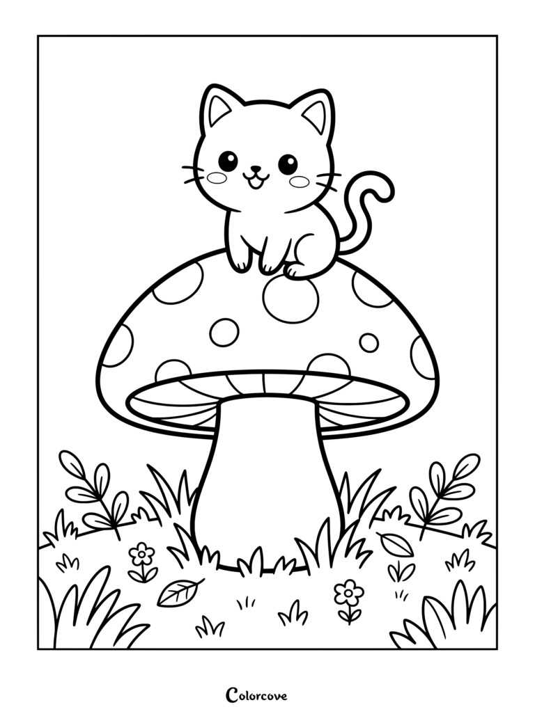 Cute Cartoon Cat sitting atop a spotted mushroom in a forest meadow coloring page
