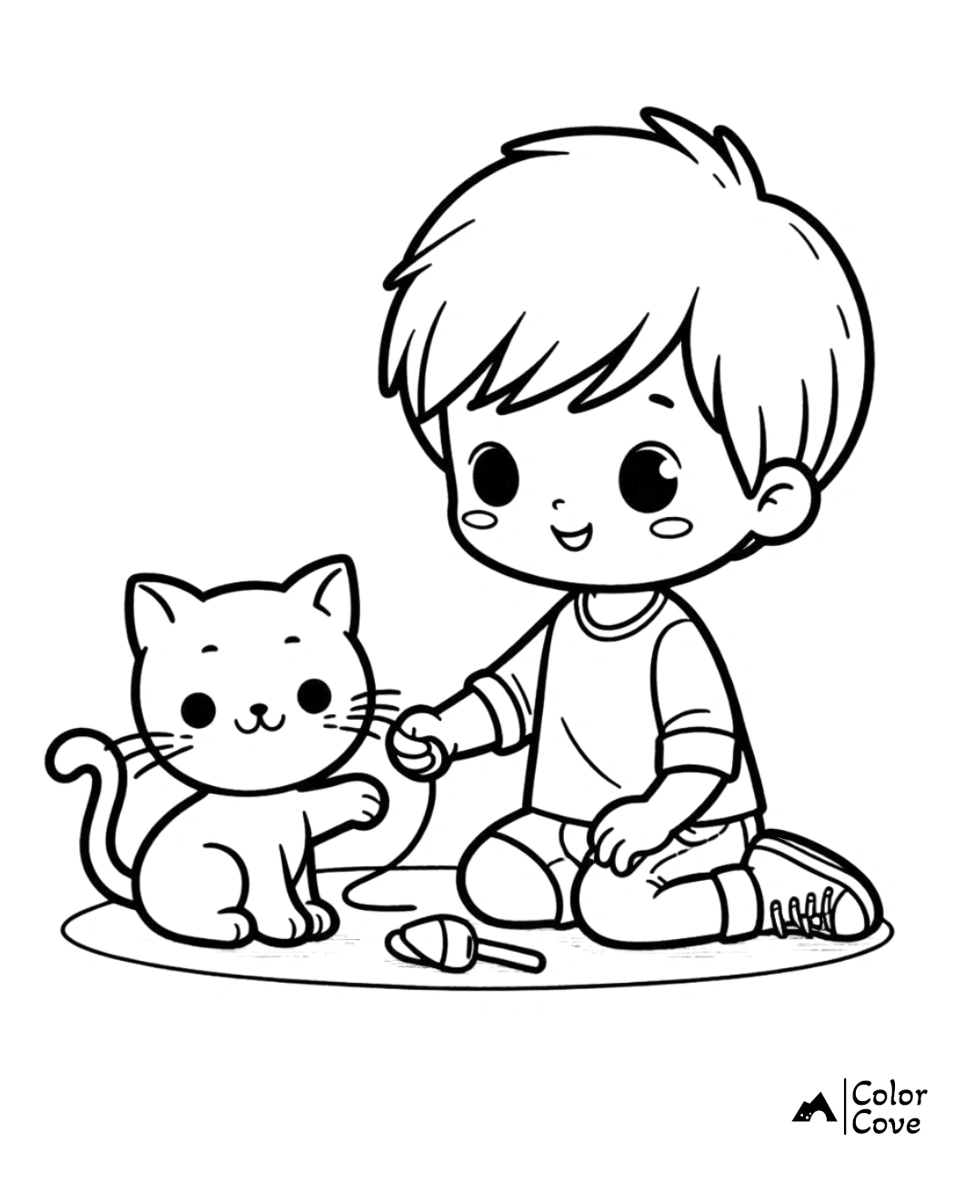 Adorable coloring page of a child playing with a cute cat, ideal for kids' activities and creative fun. Printable and free.