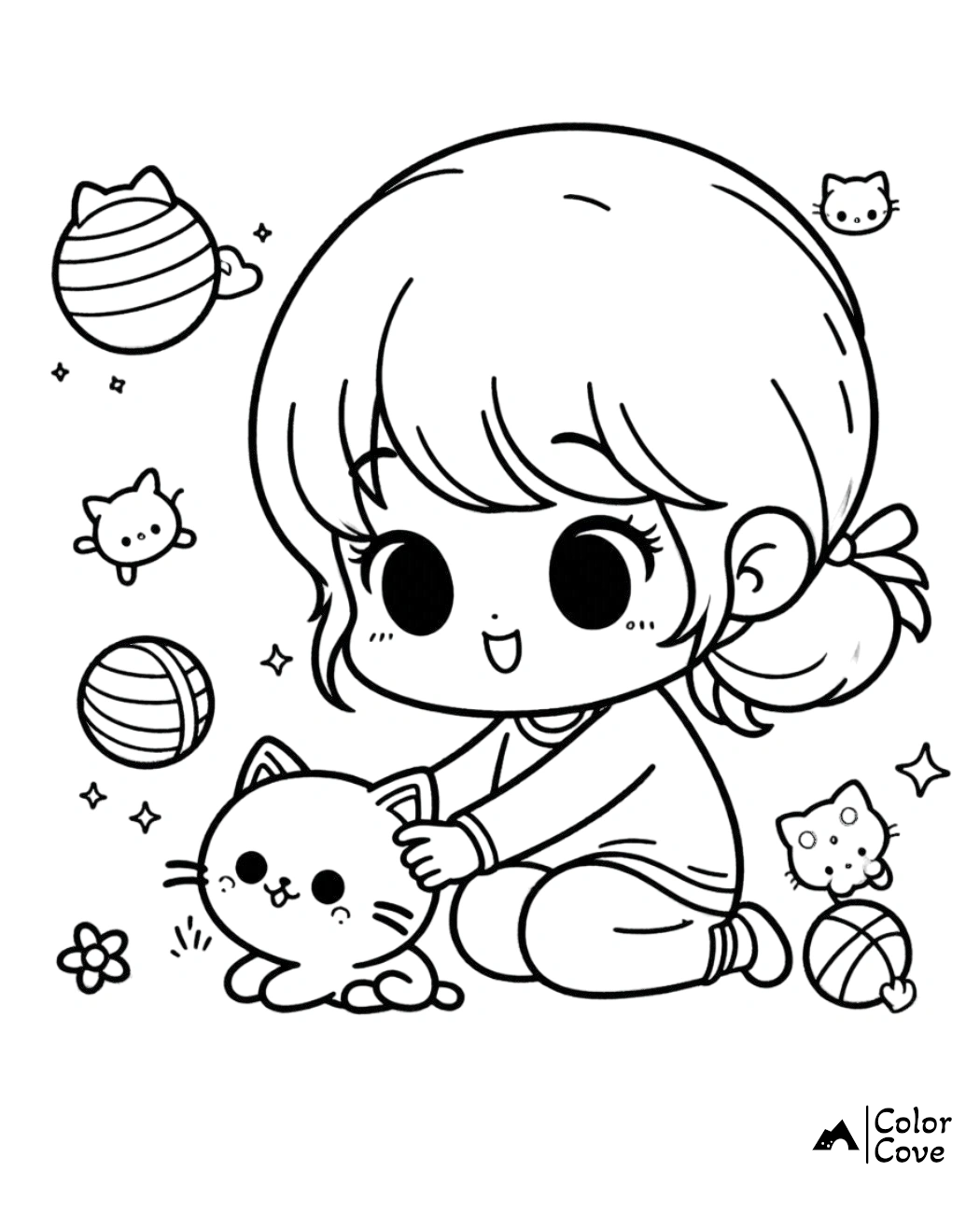 Adorable coloring page of a cheerful child playing with cute kittens and yarn balls, perfect for kids' activities.