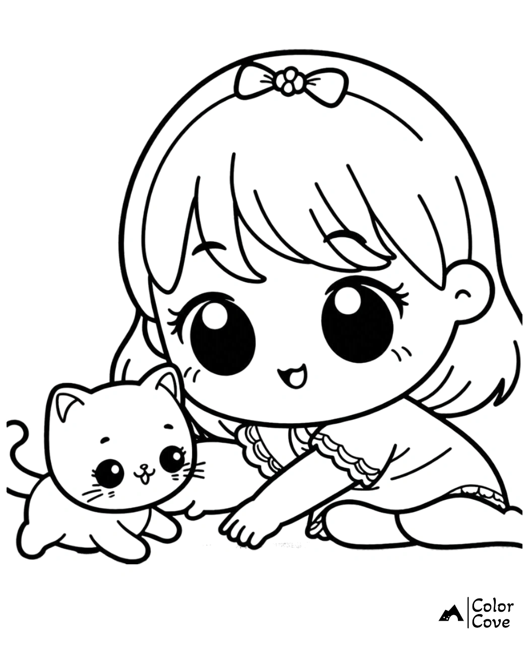 Cute girl with a bow headband playing with a happy kitten. Coloring page by Color Cove.