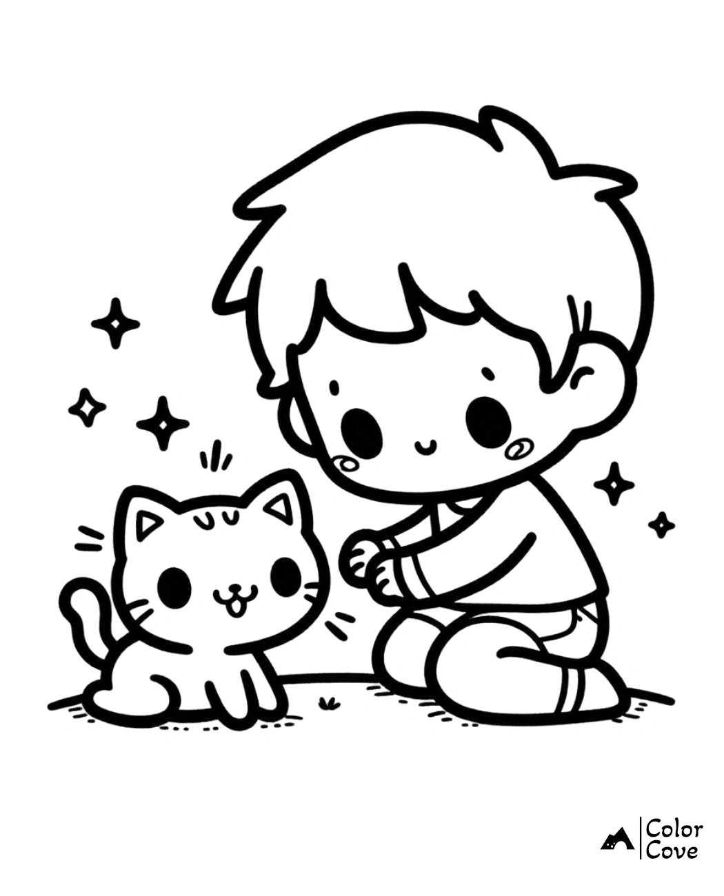 Cute coloring page of a child playing with a kitten, perfect for kids' activities and creative coloring fun.