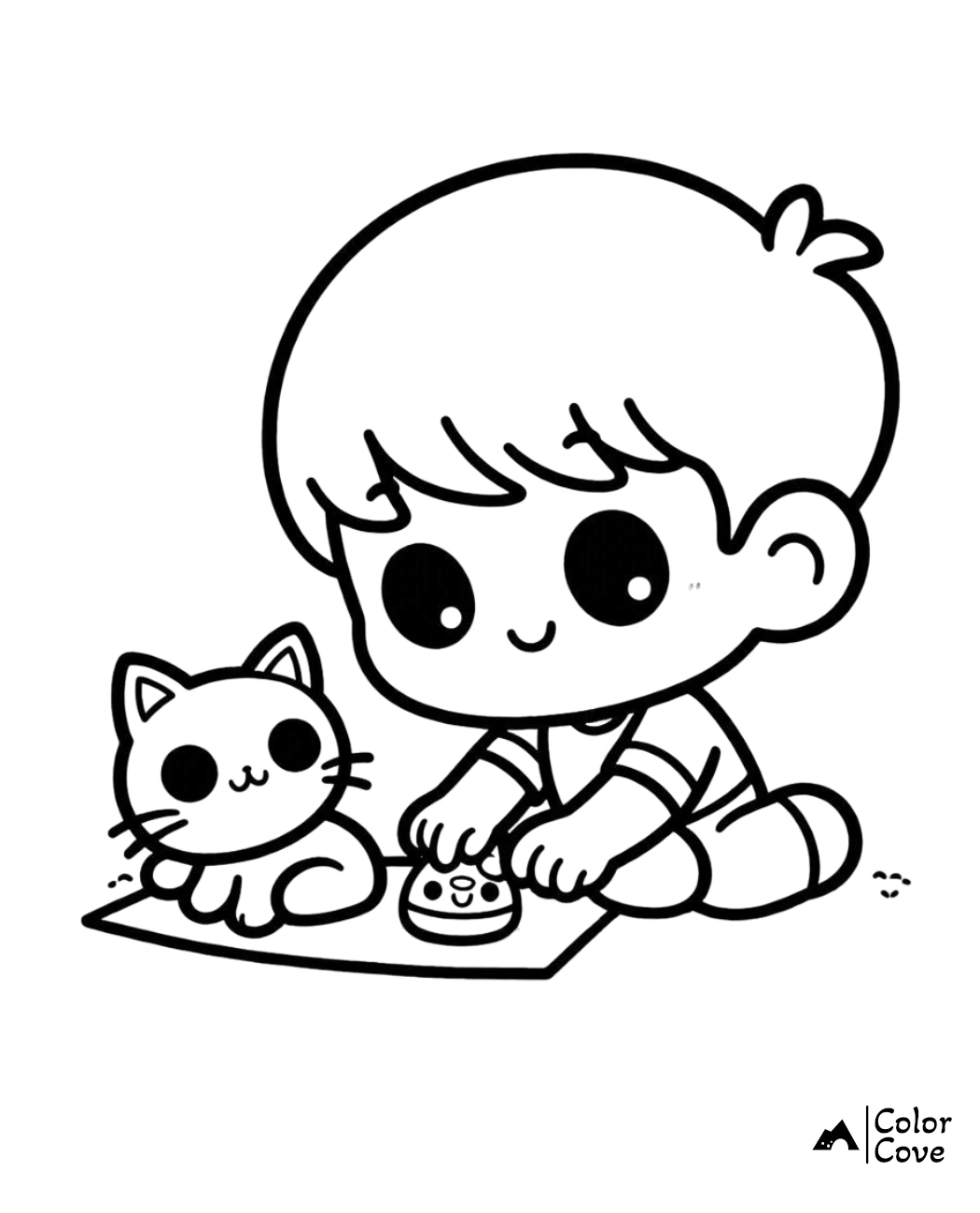 Child coloring page featuring a young boy playing with a cute cat, ideal for kids' coloring activities and learning.