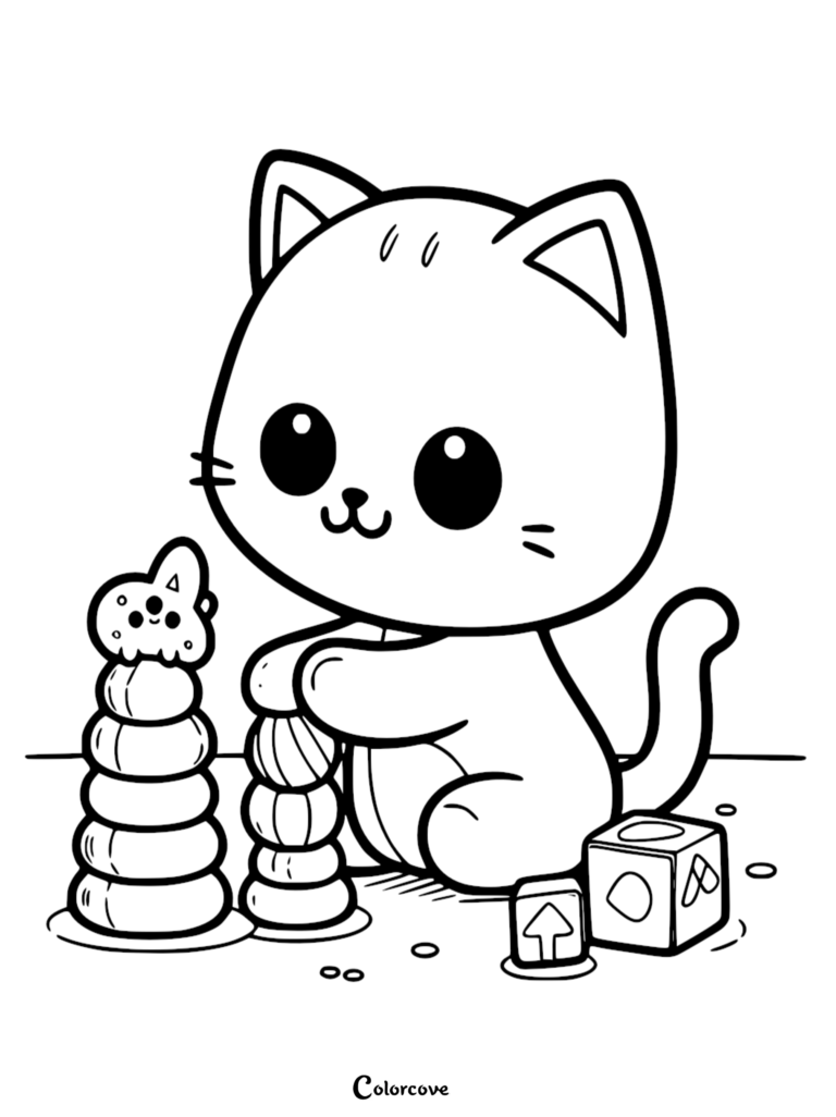 A cute cartoon kitten playing with a stacking ring toy and alphabet blocks in this printable coloring page for kids.