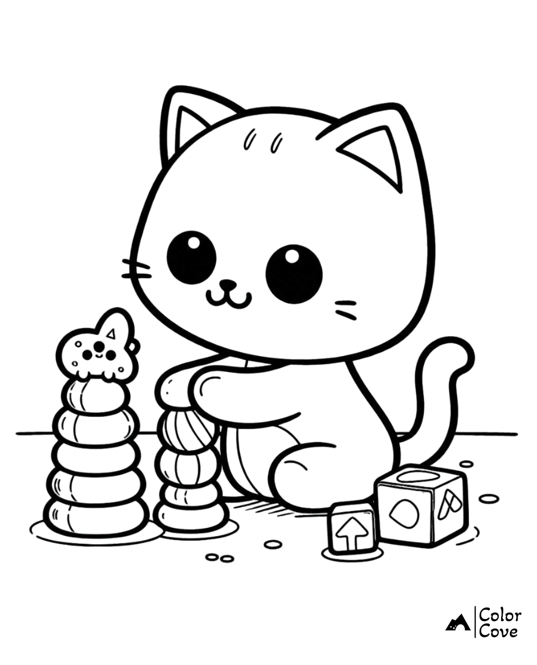 Cute cat cartoon playing with stacking rings and blocks - fun and playful coloring page for kids. ColorCove's adorable design.