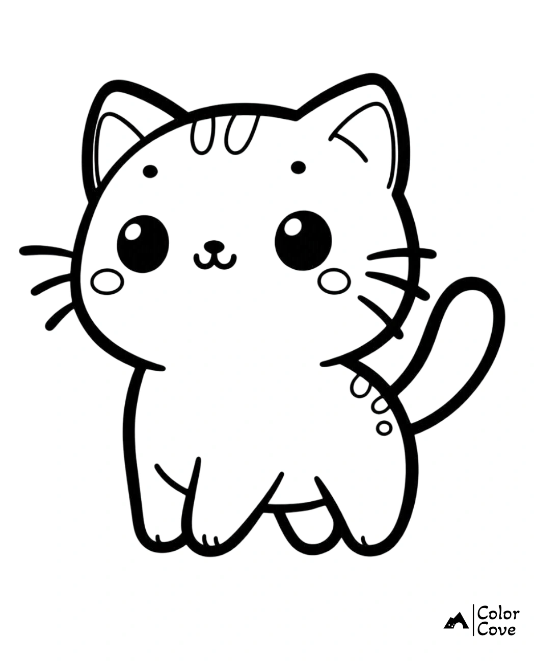 Cute cat coloring page for kids featuring an adorable kitten with big eyes and a smiling face. Printable for fun activity.