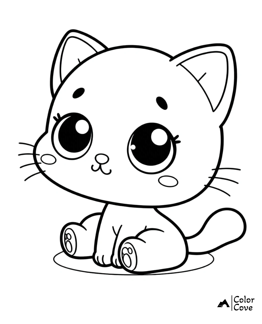 Cute cartoon kitten coloring page for kids, featuring a big-eyed, sitting cat ready to be colored.