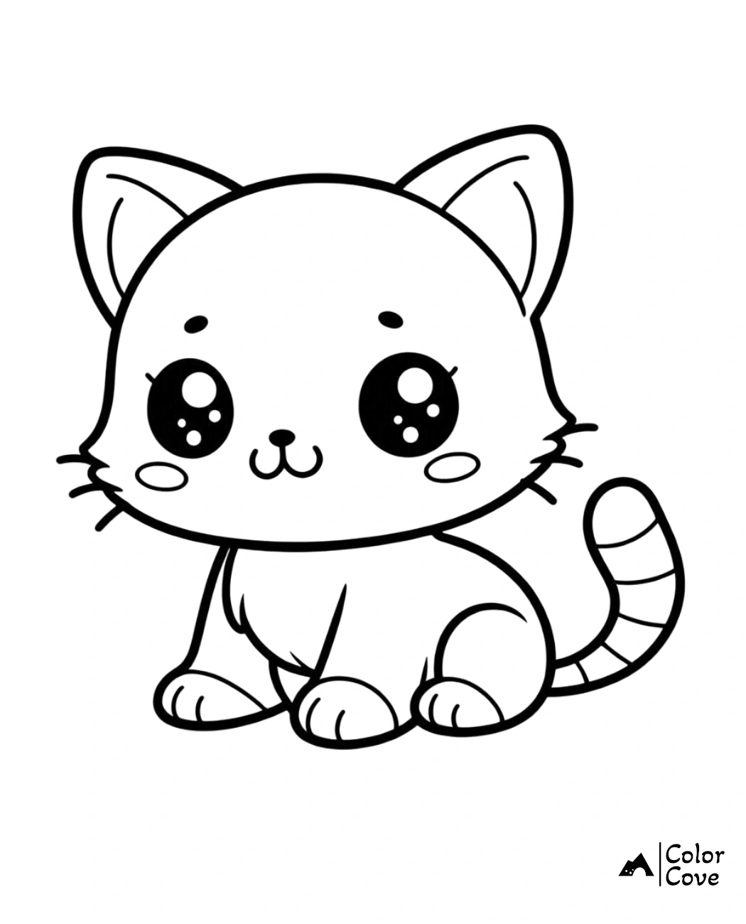 Kawaii kitten coloring page for kids, featuring an adorable cat with big eyes, ready to be colored. Suitable for all ages.