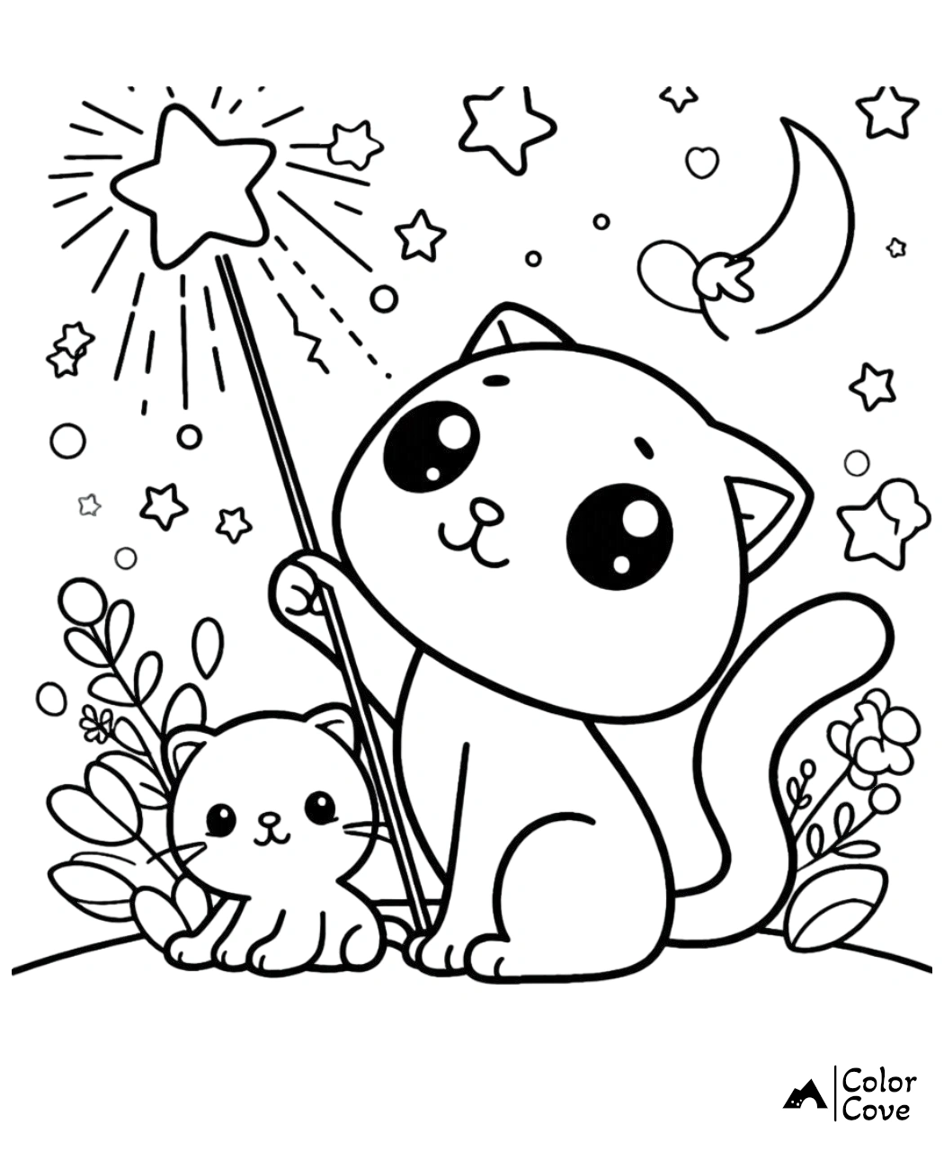 Cute cats with a magic wand and starry sky coloring page for kids. Fun and creative printable coloring sheet.