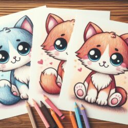 Cute kitten coloring pages with crayons on wooden table - perfect for kids’ art activities and creativity.