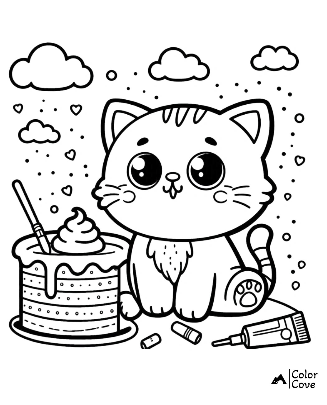 Adorable cat sitting with a cake and art supplies coloring page, perfect for kids who love to color cute animal scenes.