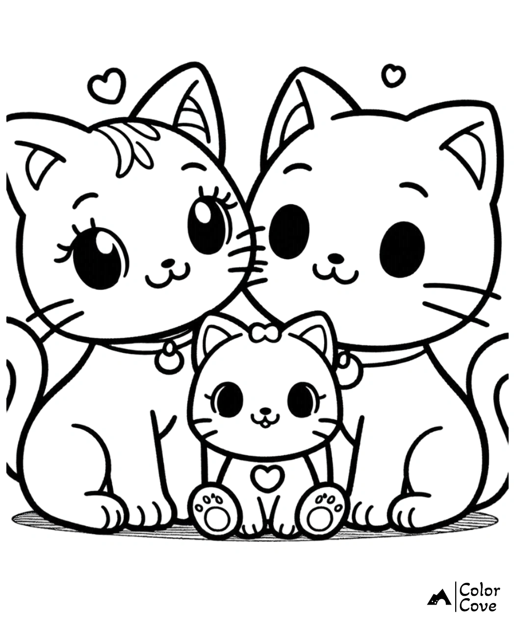 Cute kitten family coloring page with three smiling cats, perfect for kids to color and enjoy creative time.