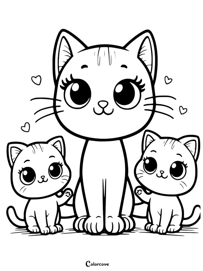 A cute coloring page featuring a mother cat with two sweet kittens surrounded by hearts, perfect for kids and cat lovers.