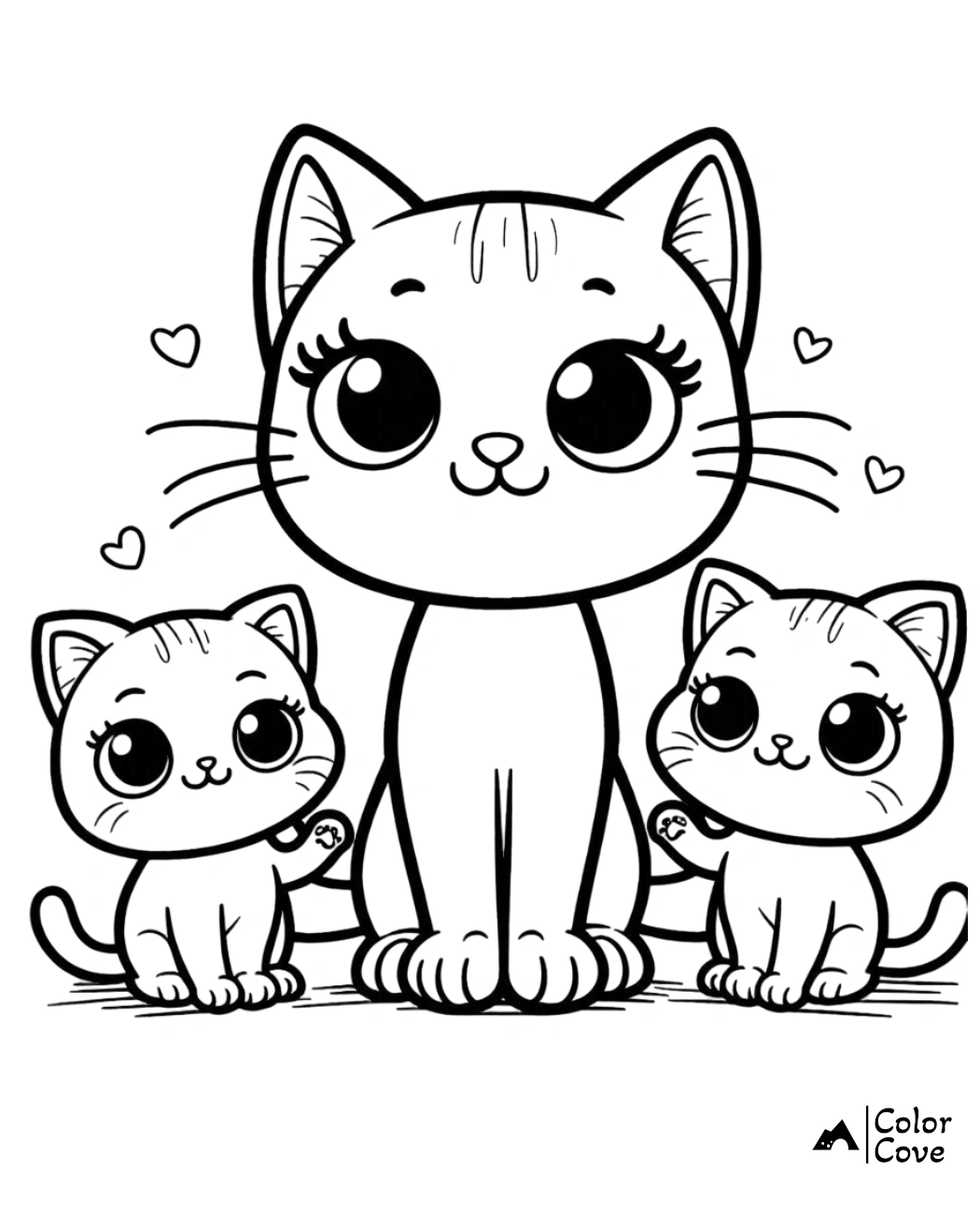 Cute cat family coloring page with a big cat and two kittens, perfect for kids' coloring activities. Color Cove.