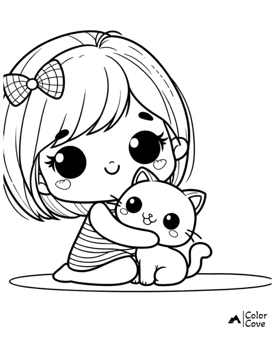 Cute girl with bow hugging a cat coloring page for kids. Adorable characters perfect for fun and creative activities.