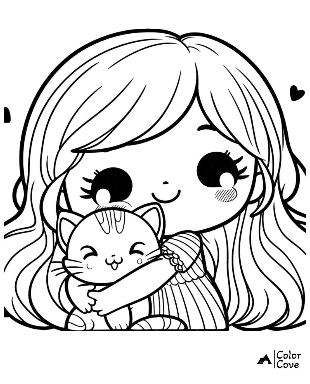 Girl hugging cute cat coloring page, adorable child and kitten illustration for kids to color, black and white line art