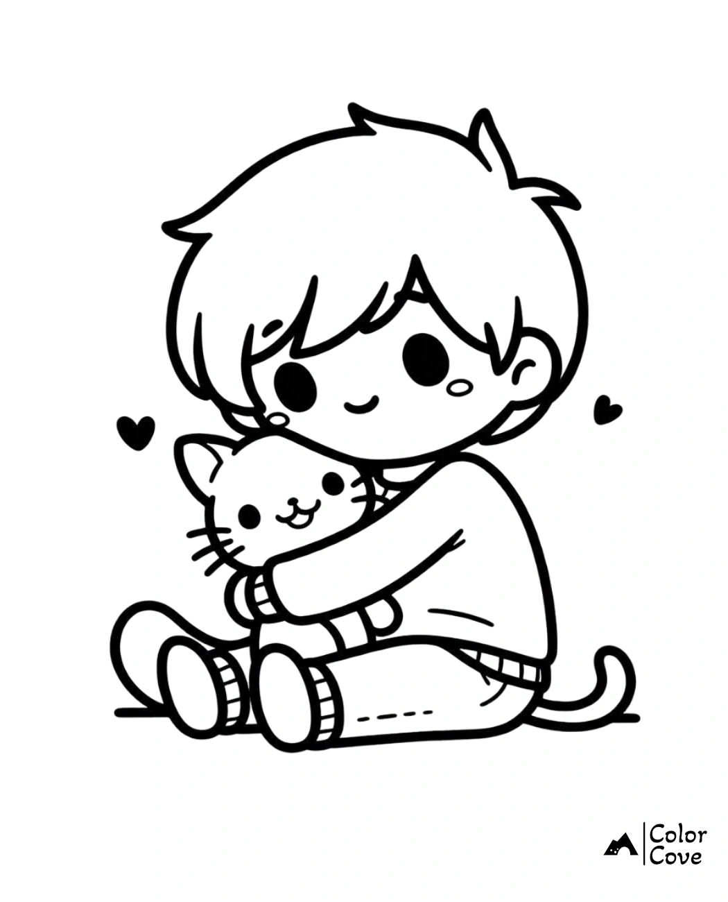 Coloring page of a cute child hugging a smiling cat with hearts around them. Perfect for kids' coloring activities.